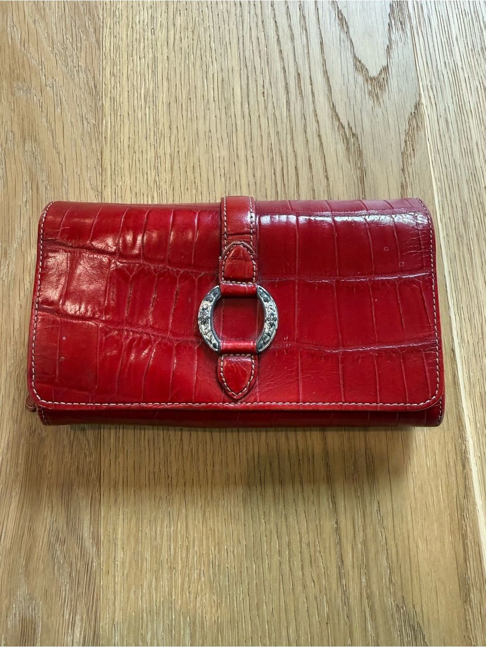 Brighton Red Croc-Embossed Leather Clutch Checkbook Wallet
